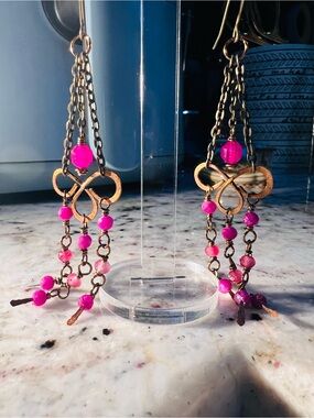 Pink Gemstone Bead Dangle Earrings - Vintage-Inspired Copper Handmade-artisan!